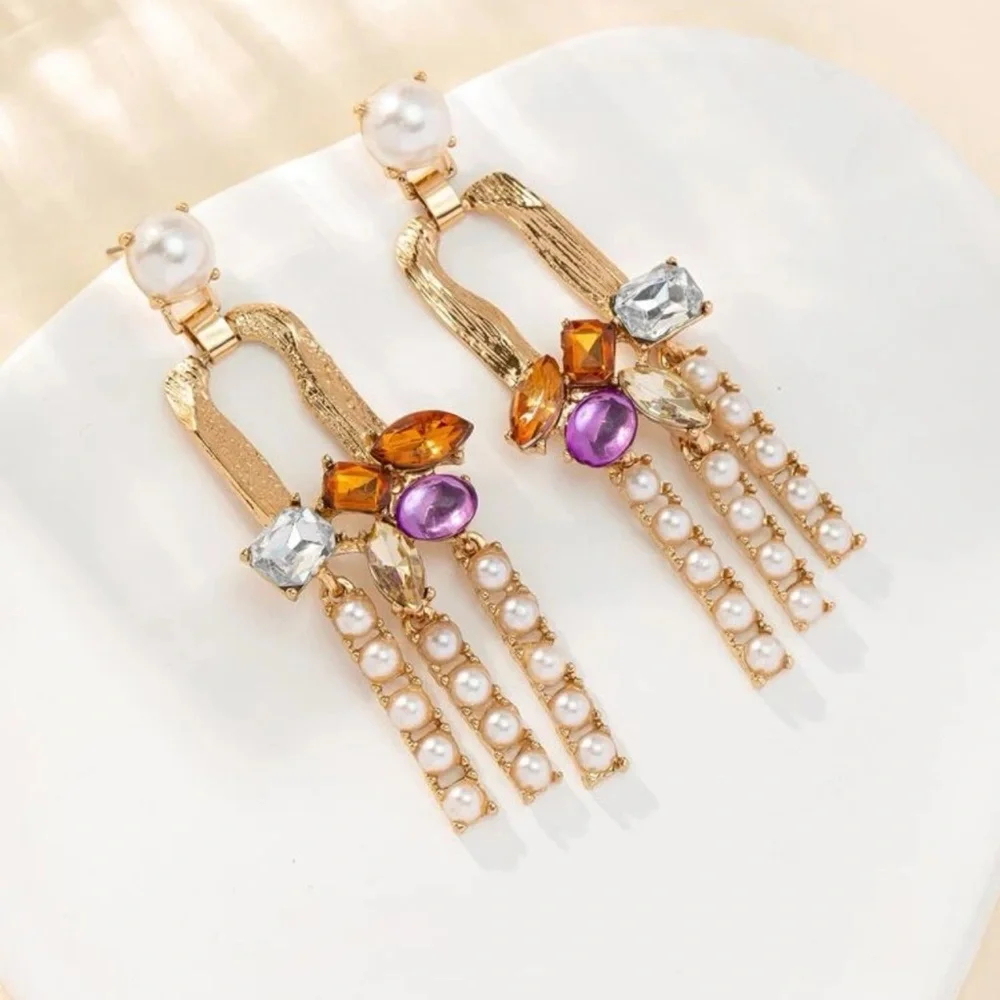 Statement Gold-Tone Earrings with Colorful Stones & Faux Pearl Strands